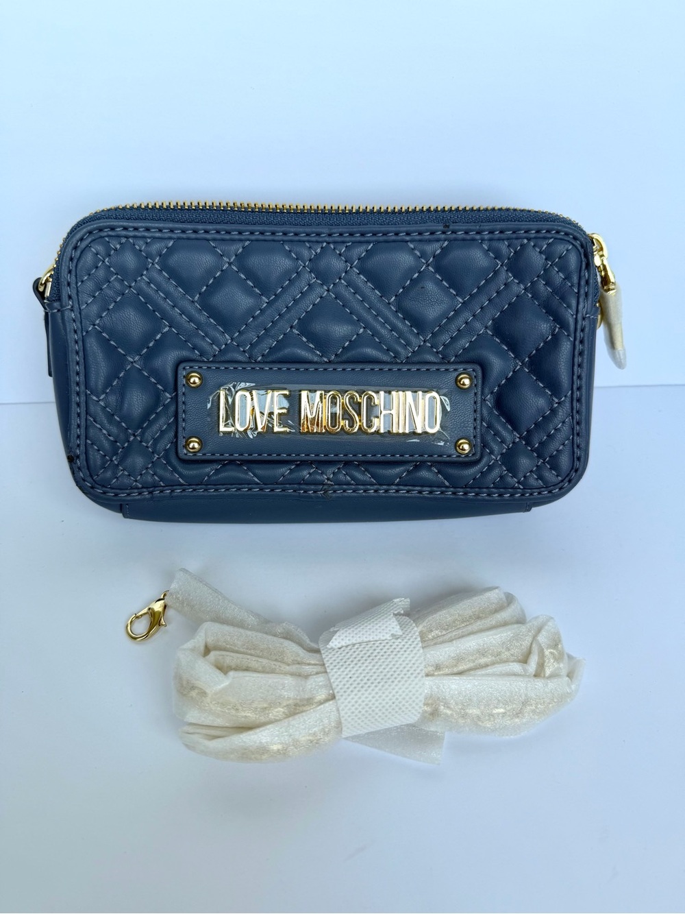 Love Moschino Navy Quilted Key & Card Holder with Gold Logo